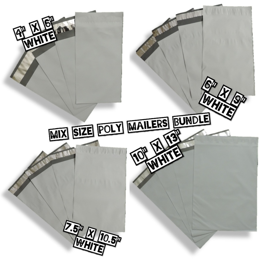 100 White Mix Size Poly Mailers Bundle (25 ea)